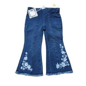 Chelsea & Violet Pull On Flared Denim Jeans Girl Size 12-18M Blue Floral Elastic